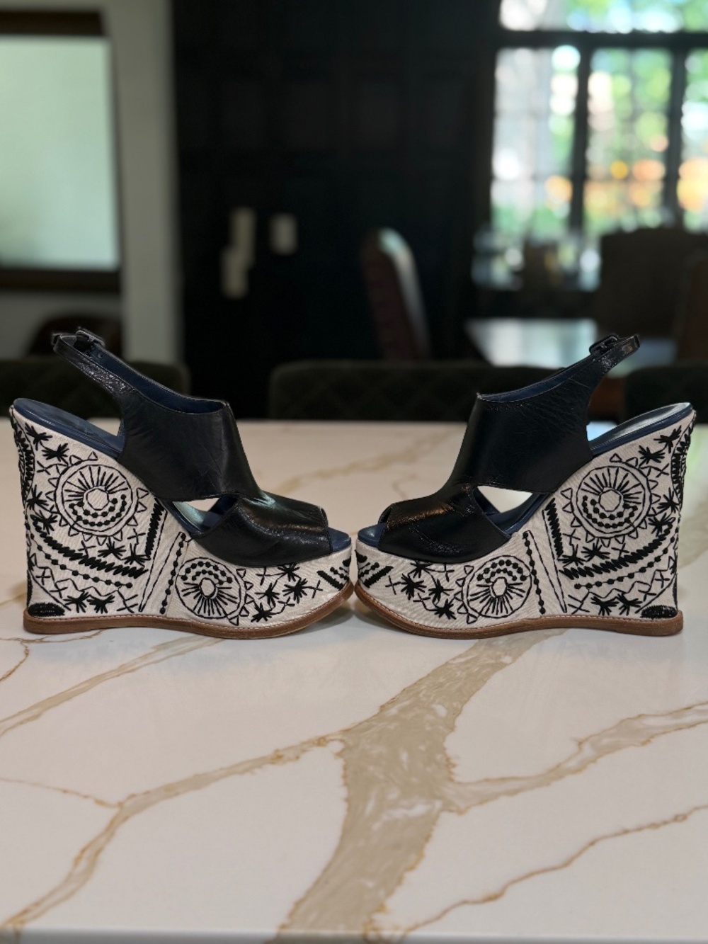 Navy Leather Platform with Embroidered Platform Heal